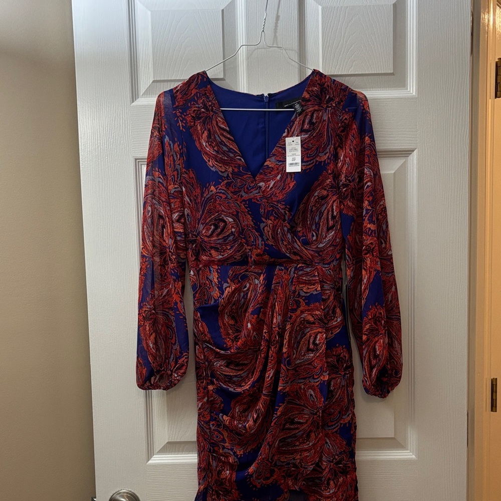 White House Petite Black Market Blue and Red Long Sleeve Dress
